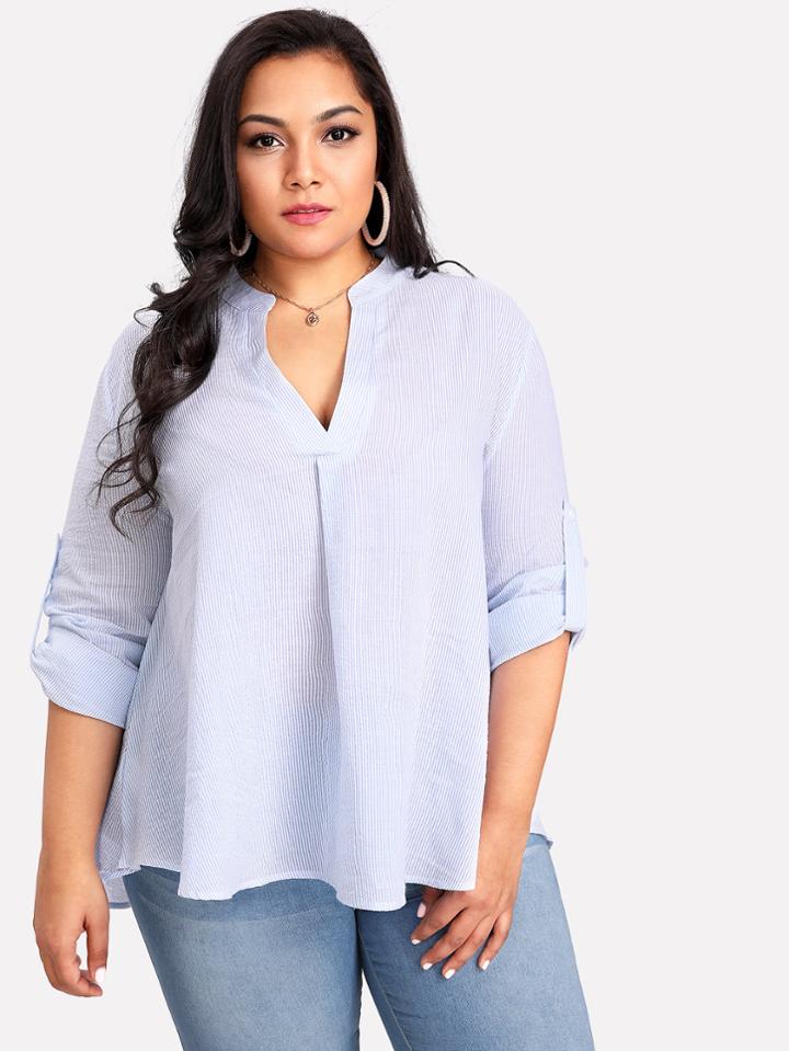 Shein Roll Tab Sleeve Pinstripe Top