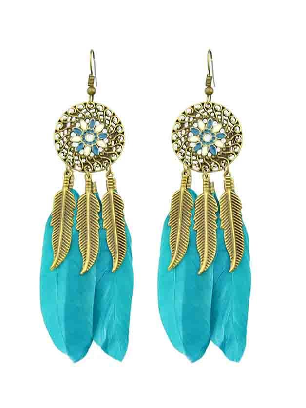 Shein Lightblue Ethnic Style Colorful Feather Long Chandelier Earrings