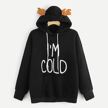 Shein Plus Letter Print Antlers Decoration Hoodie