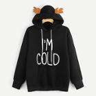 Shein Plus Letter Print Antlers Decoration Hoodie