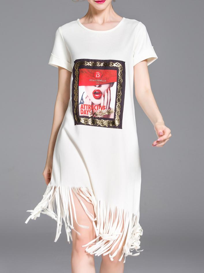 Shein White Fringe Beading Print Shift Dress