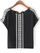 Shein Black Embroidery Key-hole Tassel Back Blouse