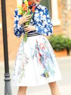 Shein Blue Tie Neck Top With Print Skirt