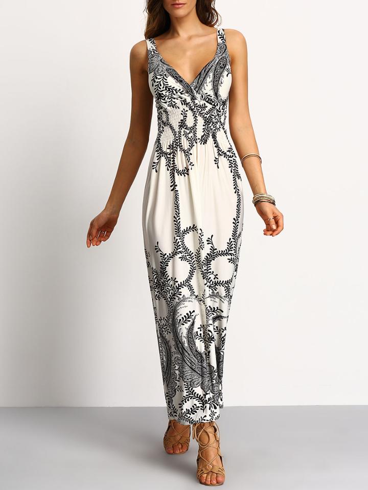 Shein Deep-v Paisley Print Smocked Waist Maxi Dress