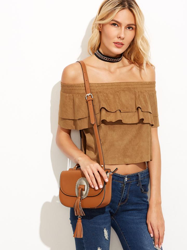 Shein Camel Faux Suede Off The Shoulder Layered Ruffle Top