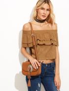Shein Camel Faux Suede Off The Shoulder Layered Ruffle Top