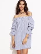 Shein Pinstripe Frill Detail Tie Cuff Bardot Dress