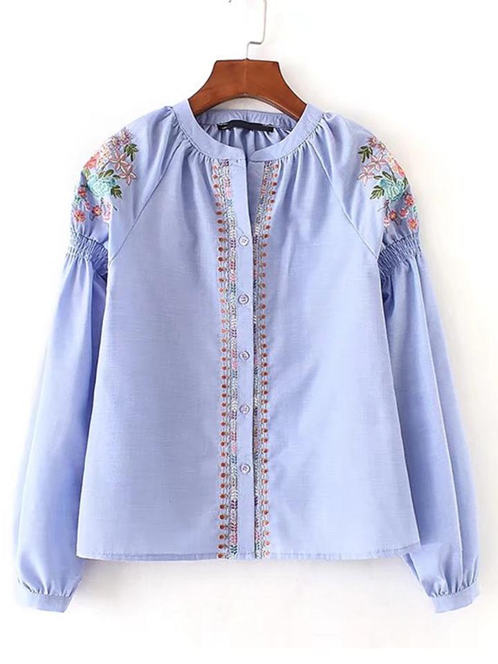 Shein Embroidery Flower Shirred Detail Blouse