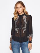 Shein Lace Embroidered Front And Cuff See-though Blouse