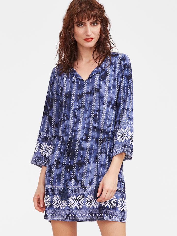 Shein Blue Tie Dye Print Tassel Tie Neck 3/4 Sleeve Dress