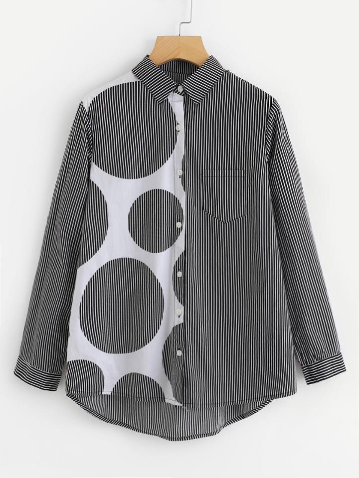 Shein Dot Panel Dip Hem Striped Blouse