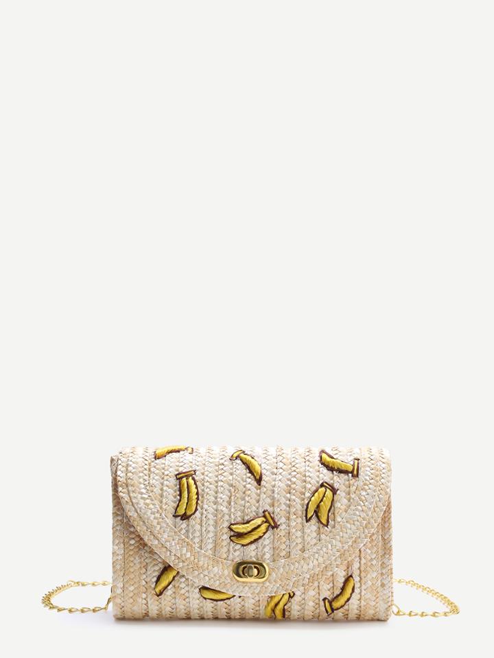 Shein Beige Banana Straw Shoulder Bag With Chain