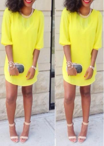 Rosewe Round Neck Half Sleeve Yellow Chiffon Dress