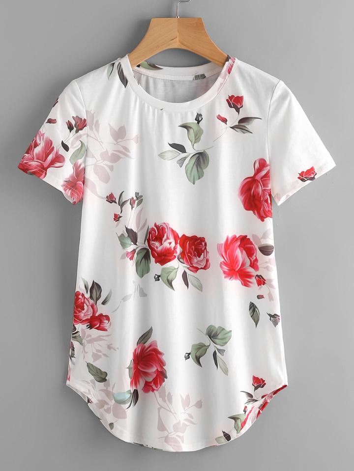 Shein Rose Print Dolphin Hem Tee