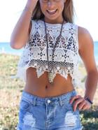Shein White Crew Neck Hollow Lace Tank Top