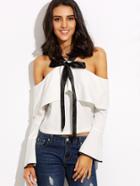 Shein White Cold Shoulder Bow Tie Ruffle Bell Sleeve Blouse