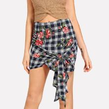Shein Floral And Plaid Print Knot Hem Skirt