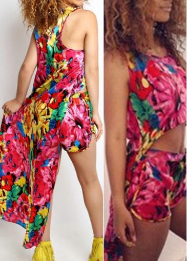 Rosewe Flower Print Asymmetric Tank Top And Shorts Set