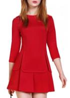 Rosewe Gorgeous Solid Red Round Neck Three Quarter Sleeve Dress