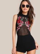Shein Embroidered Flower Patch Fishnet Bodice Romper