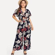 Shein Plus Twist Front Botanical Print Crop Top & Pants Set