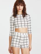 Shein Grid 3/4 Sleeve Crop T-shirt With Shorts