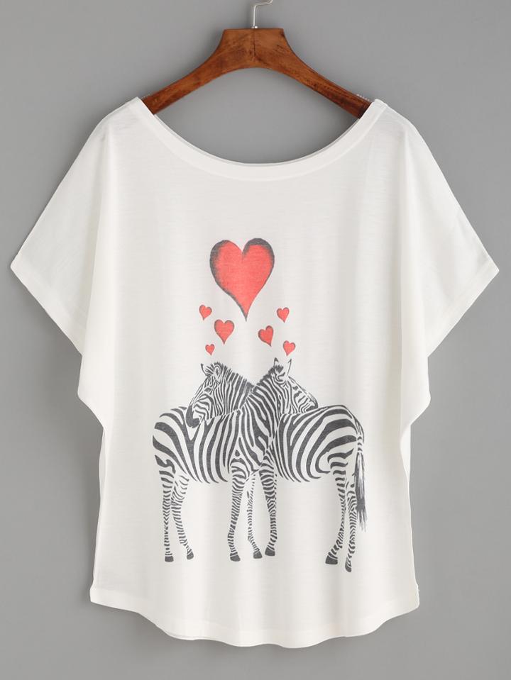 Shein White Zebra Heart Print Batwing T-shirt