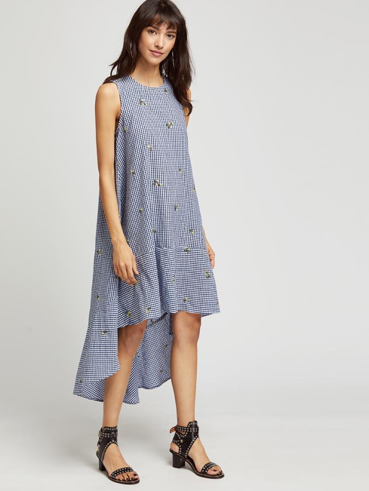Shein Checkered Embroidered Dip Hem Swing Dress