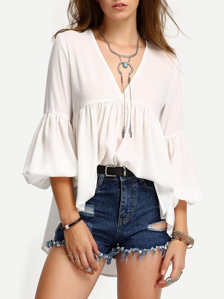 Shein Lantern Sleeve Pleated Smock Swing Blouse
