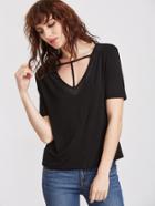 Shein Black Mesh Panel T Strap V Neck T-shirt