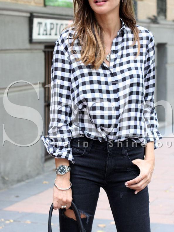 Shein White Lapel Plaid Blouse