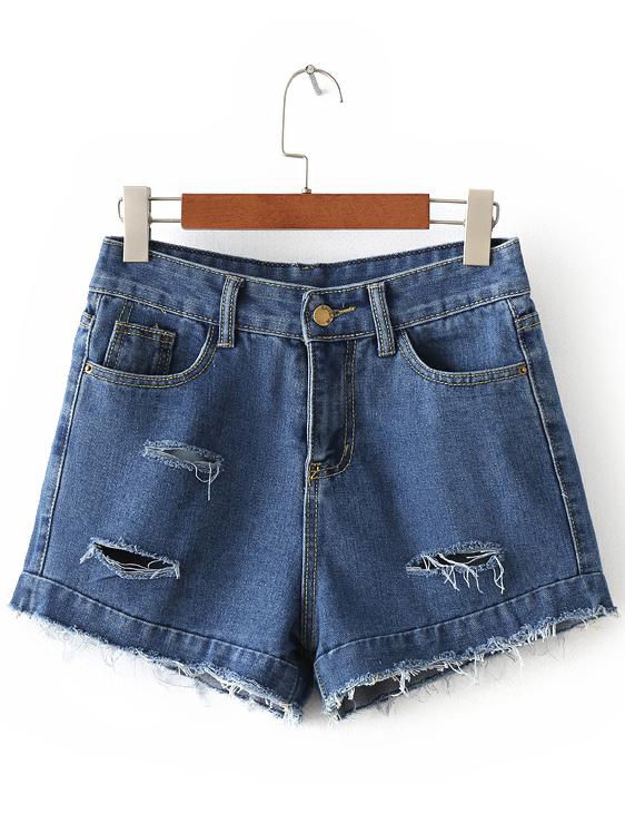 Shein Dark Blue Pockets Fringe Ripped Hole Denim Shorts