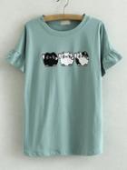 Shein Green Round Neck Bell Sleeve Cats Printed T-shirt