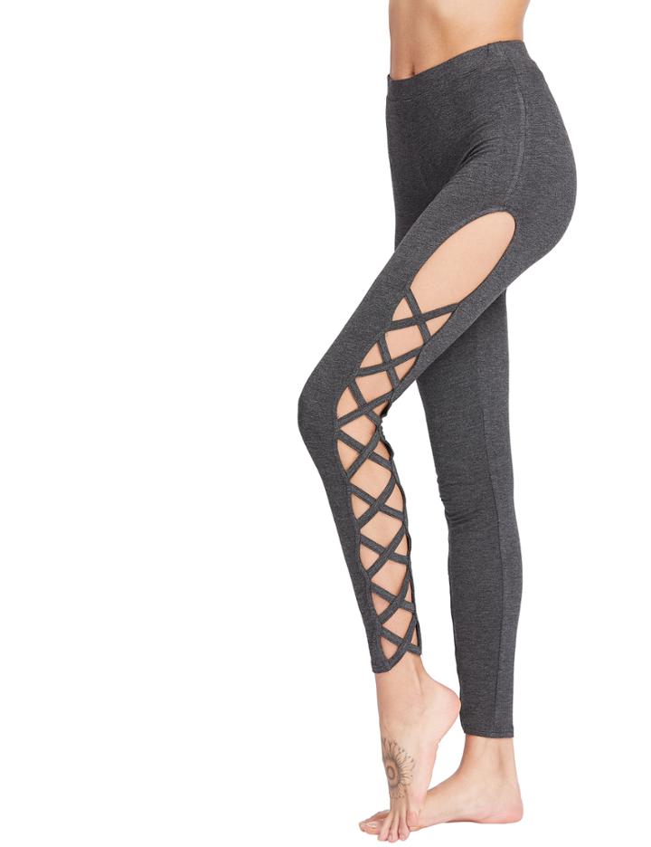 Shein Dark Grey Cutout Lattice Detail High Waist Leggings