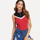Shein Zipper Up Stand Collar Color Block Top