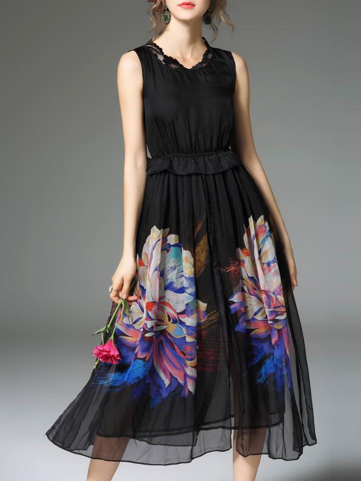 Shein Black Contrast Lace Peplum Print Dress