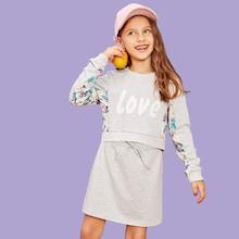 Shein Girls Mixed Print Pullover & Drawstring Waist Skirt Set
