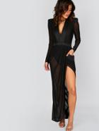 Shein Deep V Neck Shoulder Pads Sheer Wrap Dress