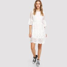 Shein Ruffle Sleeve Crochet Pompom Insert Embroidery Dress