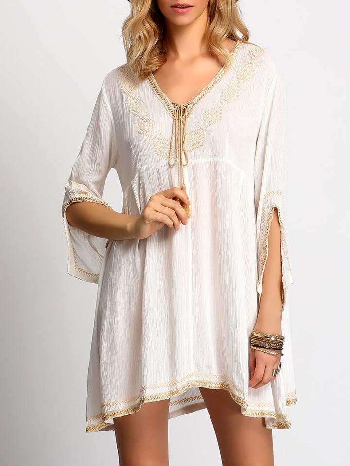 Shein White V Neck Embroidered Shift Dress