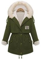 Shein Green Fur Hooded Zipper Embellished Fleece Inside Military Coat