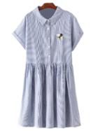 Shein Blue Short Sleeve Bee Embroidery Stripe Dress