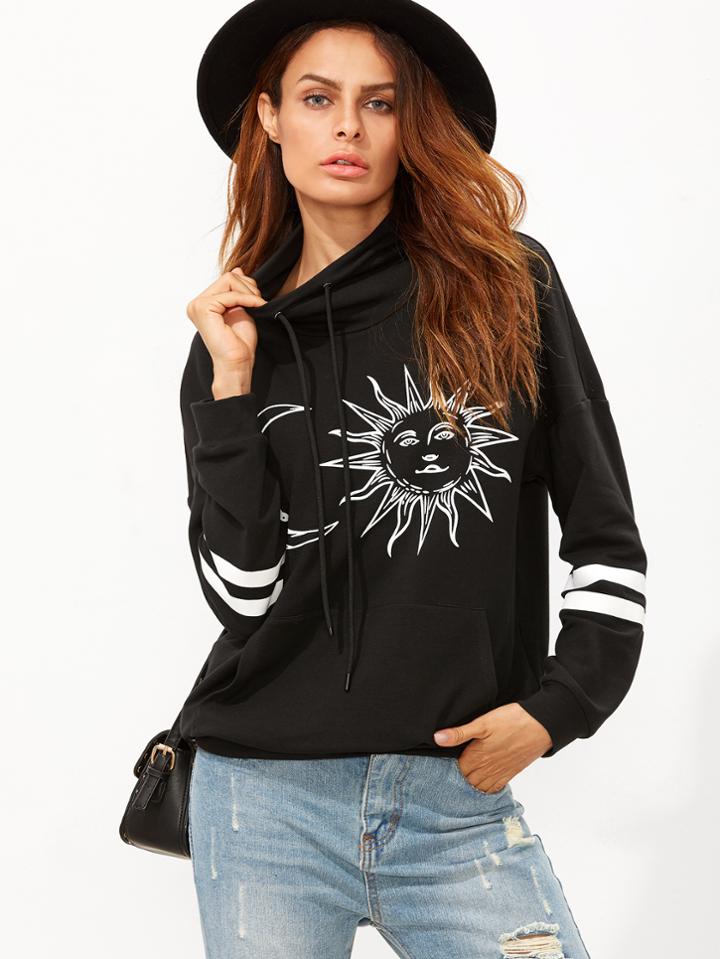 Shein Black Graphic Print Funnel Collar Striped Sleeve Sweatshirt