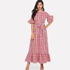 Shein Half Placket Ruffle Trim Gingham Dress