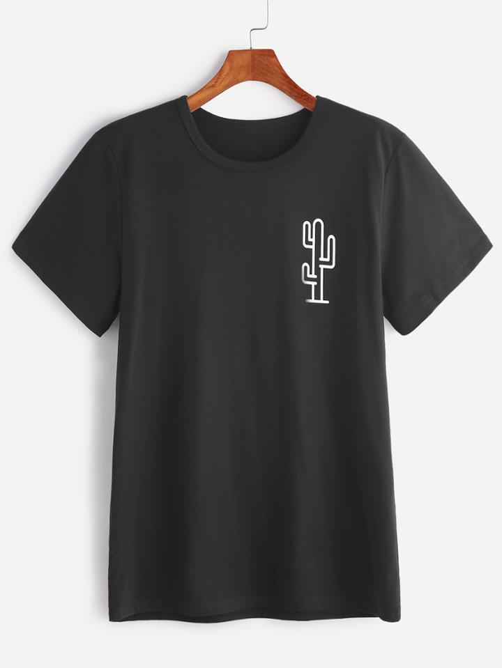 Shein Black Cactaceae Print Short Sleeve T-shirt