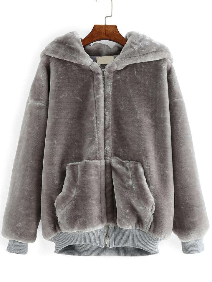 Shein Grey Hooded Long Sleeve Pockets Loose Coat