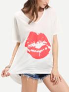 Shein Beige Lips Print High Low T-shirt