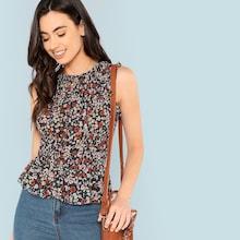 Shein Ruffle Hem Shirred Floral Top