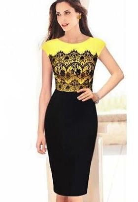 Shein Yellow Zippered Black Monteau Tahari Workwear Sleeveless Lace Bodycon Dress