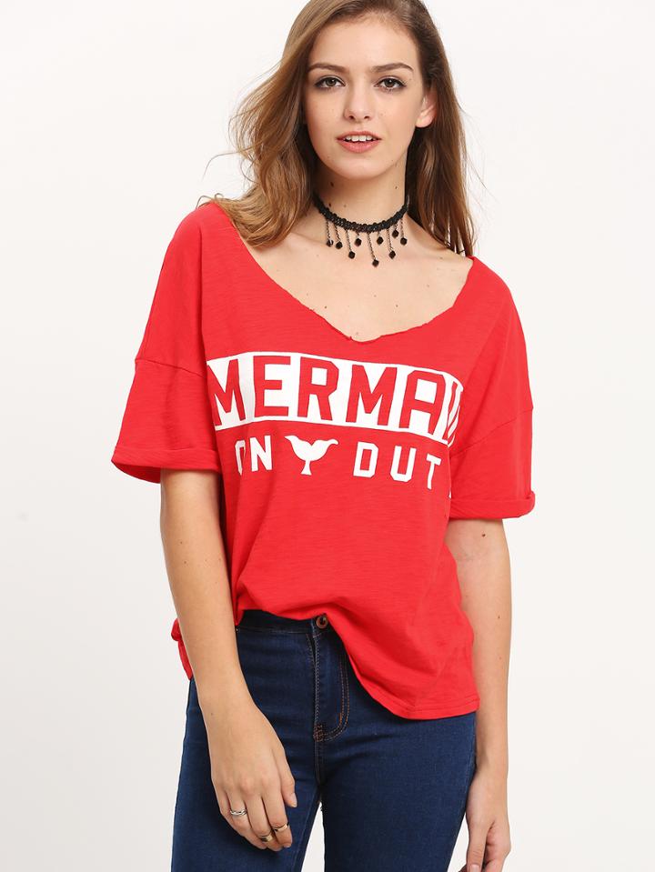 Shein Red Short Sleeve Letters Print T-shirt